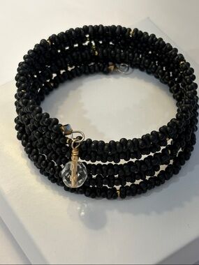 Black Beaded Coil Bracelet with Crystal Charm